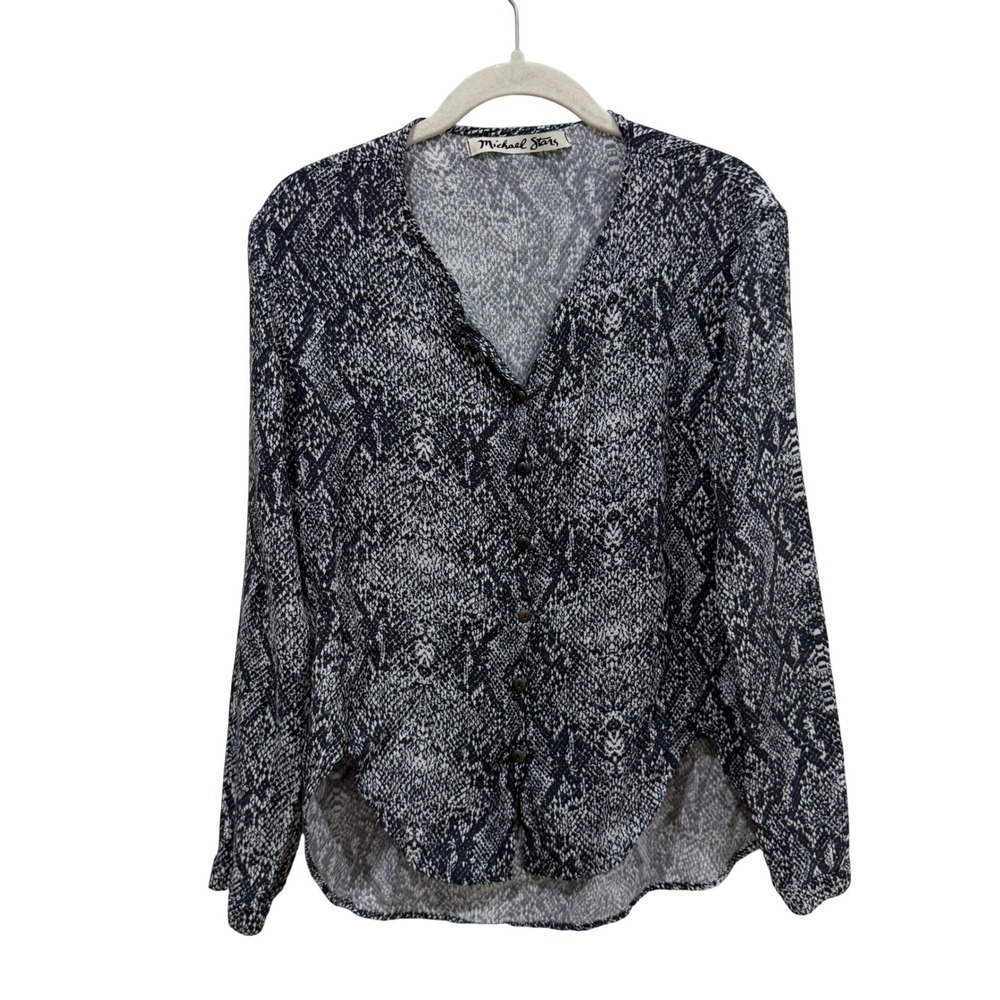 Michael Stars Grey Black Snakeskin Animal Print Rayon Button Down Blouse Top